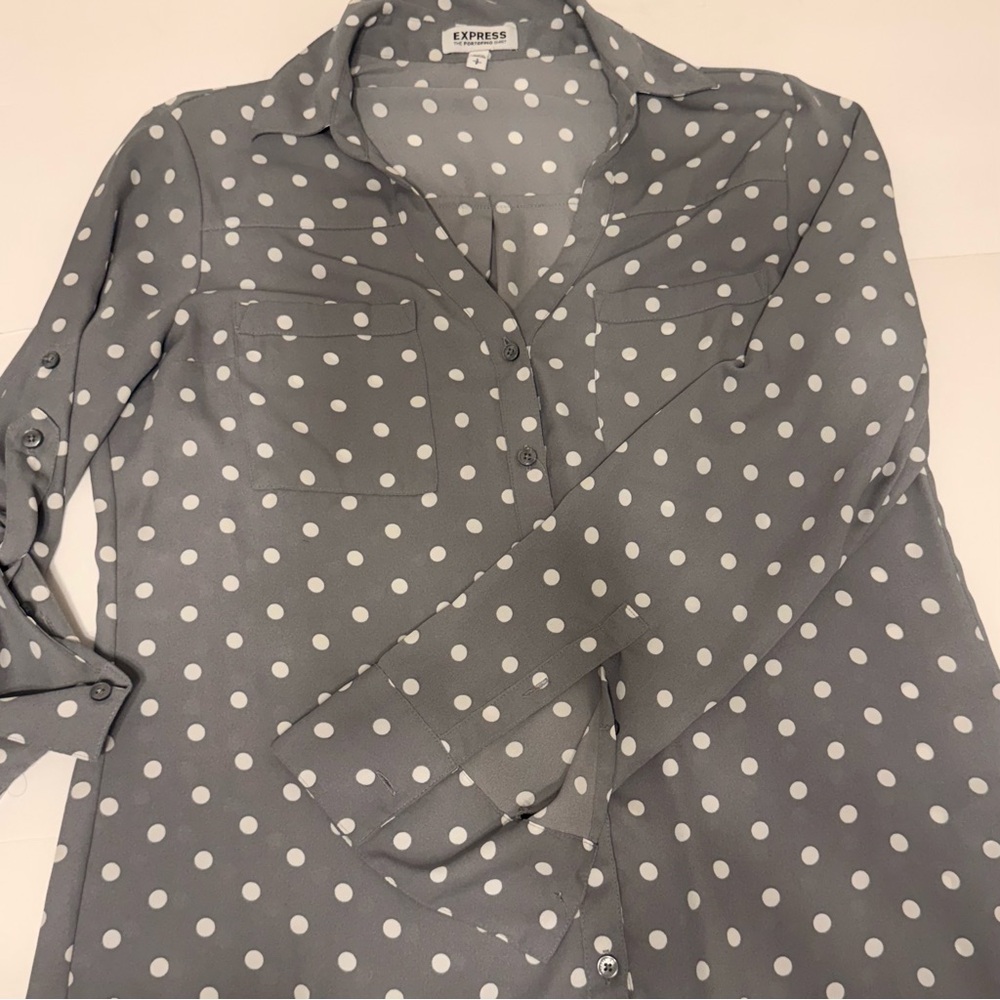 Express Portofino Shirt Small Gray White Polka Dot Button Front Blouse - Picture 9 of 9